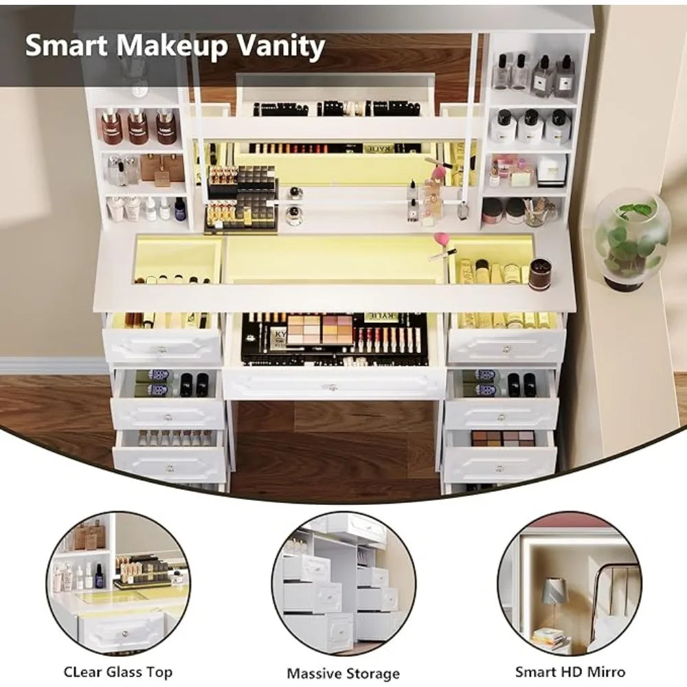 Dressers with Lighted Mirror,Huge desktop Makeup Vanity Table with 9 Drawers,European Style Vanity, Crystal Ball Knobs, Dressers