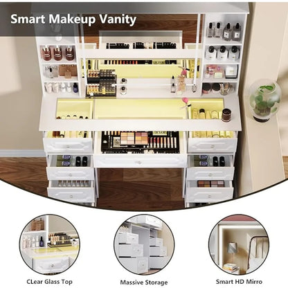 Dressers with Lighted Mirror,Huge desktop Makeup Vanity Table with 9 Drawers,European Style Vanity, Crystal Ball Knobs, Dressers