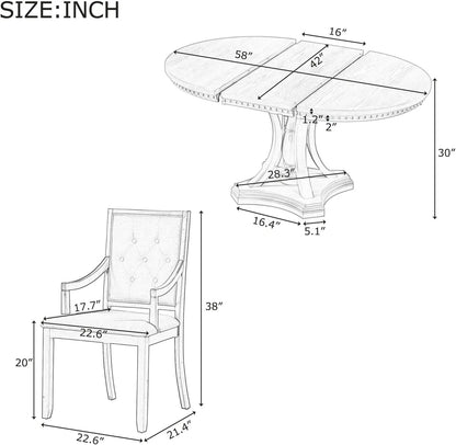 5-Piece Round Dining Table Set, Extendable Table with 4 Upholstered Chairs, Dining Room Table Sets, Kitchen Tables sets