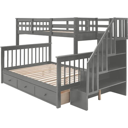 Twin Over Full Bunk Bed with Stairs,Solid Wood Stairway Bunk Bed Frame with Storage Drawers for Kids Teens Adults,Bedroom,Dorm