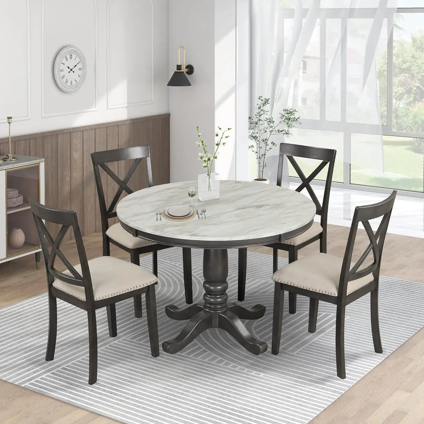 5-Piece Round Dining Table Set, Extendable Table with 4 Upholstered Chairs, Dining Room Table Sets, Kitchen Tables sets