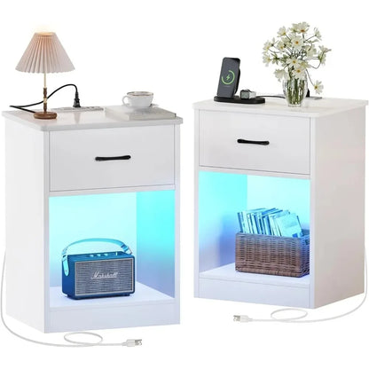 Nightstands Set of 2, Night Stands with Charging Station & LED Light Strips, Bedside Tables with Drawer, Side Tables Bedroom