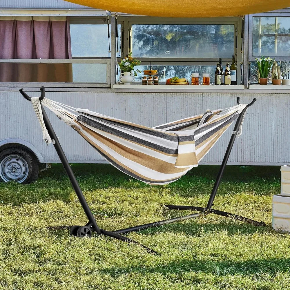 2-People Hammock w/Wheeled Stand Set, Heavy-Duty Portable Hammock Frame Included Wheels & Storage Bag & Carrying Bag