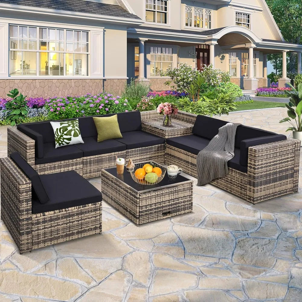 8 Pieces Outdoor Wicker Rattan Patio Furniture, Sectional Set, Glass Top Table, 7 Sofa Sections, Oversized Cushions