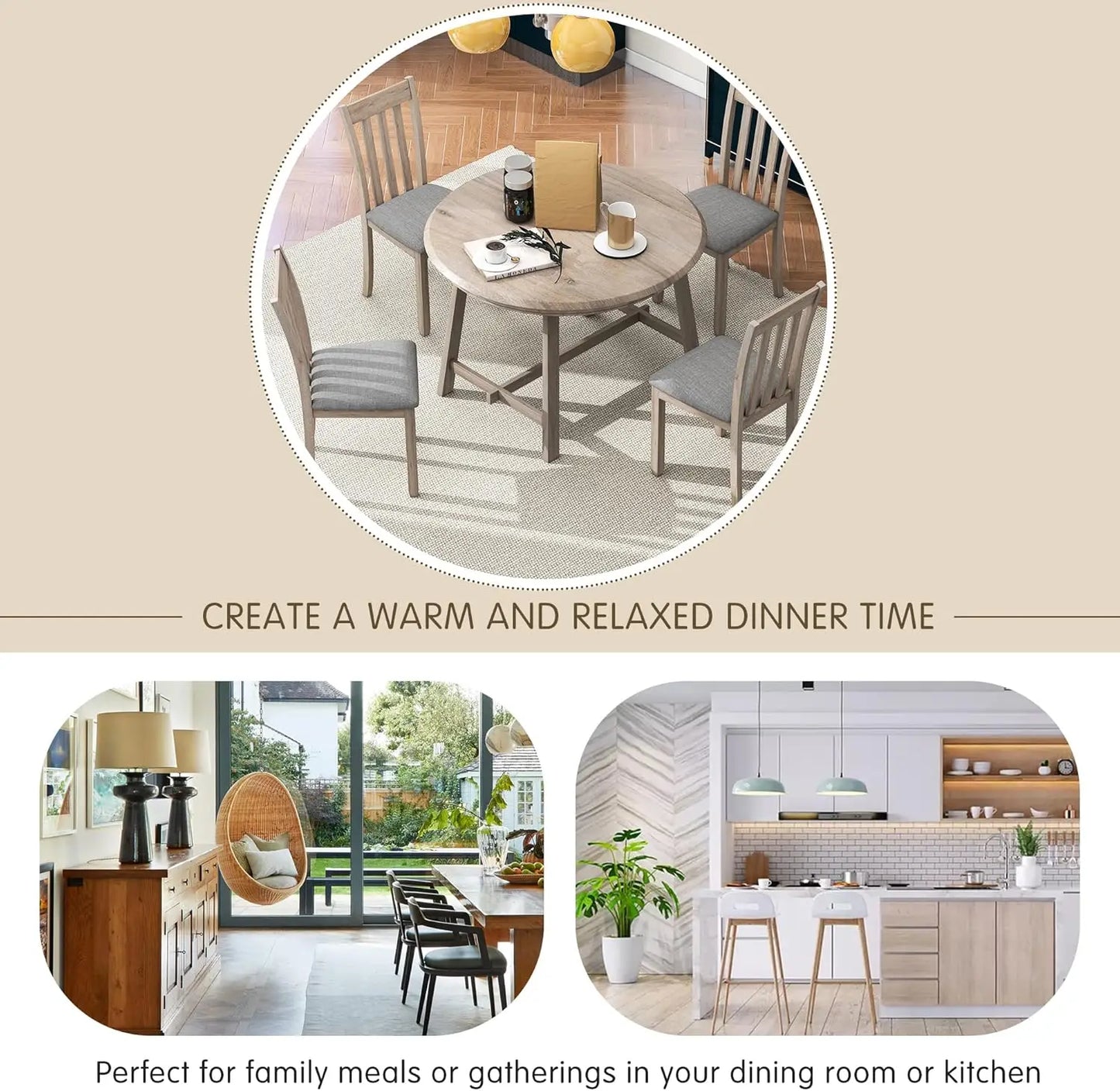 5-Piece Round Dining Table Set, Extendable Table with 4 Upholstered Chairs, Dining Room Table Sets, Kitchen Tables sets