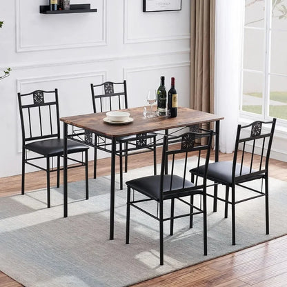 Kitchen Dining Room Table Sets for 4, 5 Piece Metal and Wood Rectangular Breakfast Nook,Dinette with Chairs,Brown