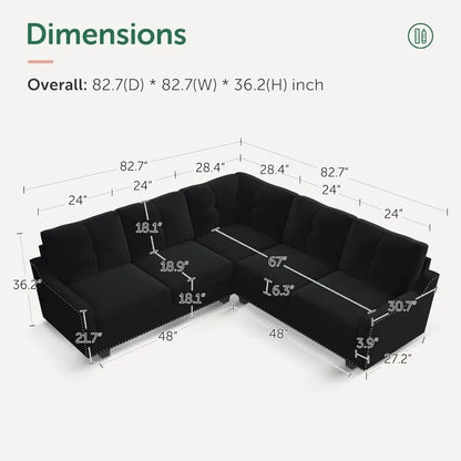 Living Room Convertible Sectional Sofa, L Shaped Couch for Small Apartment, Reversible Sectional Couch, Velvet Black