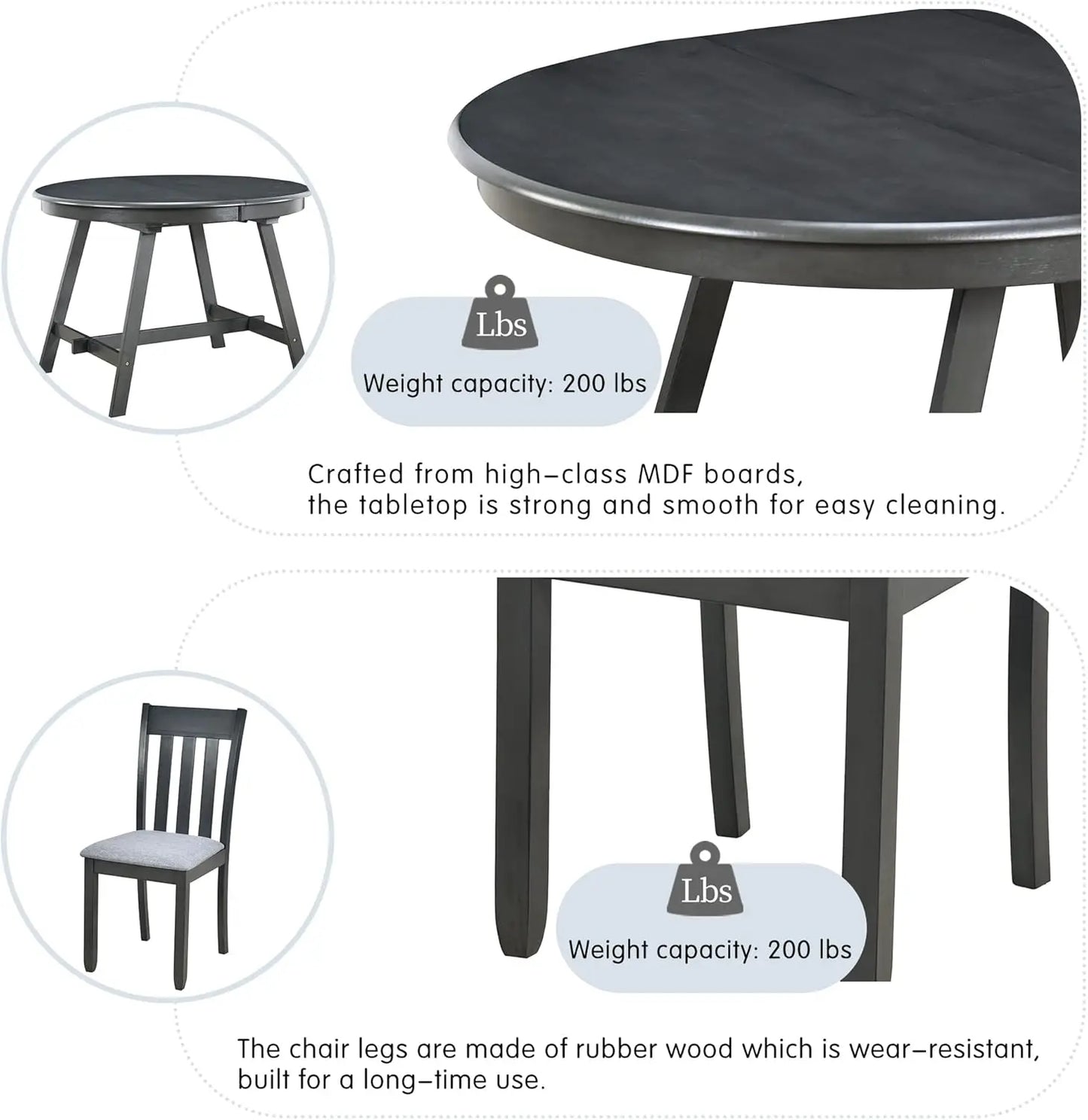 5-Piece Round Dining Table Set, Extendable Table with 4 Upholstered Chairs, Dining Room Table Sets, Kitchen Tables sets