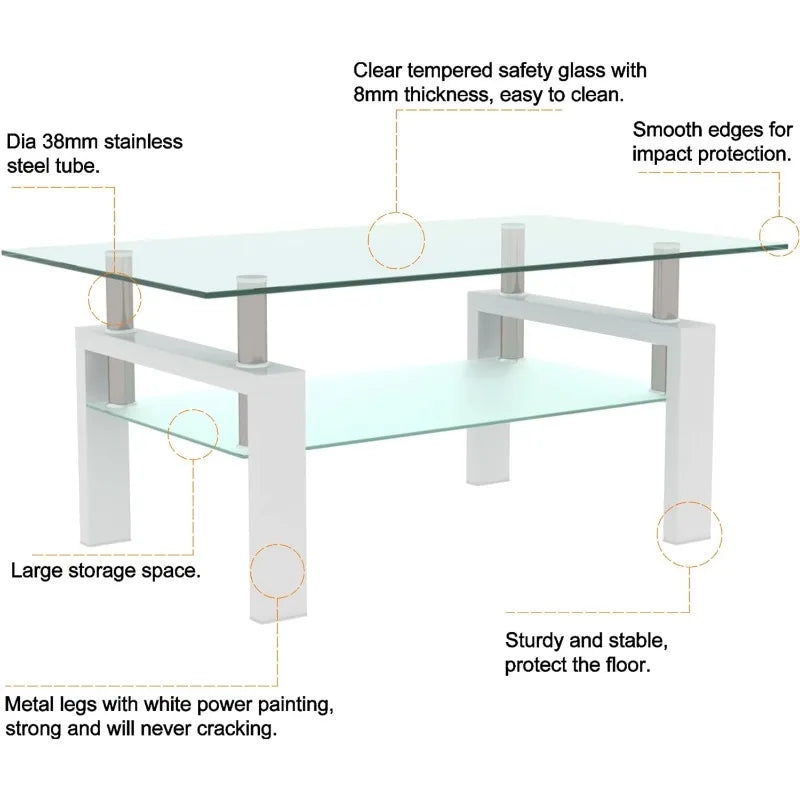 Clear Glass Coffee Table Metal Tube (All-Black)