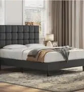 Queen Frame Upholstered Platform Bed With Fabric Headboard, Wing Edge Design/Non-Slip And Noise-Free/Wooden Slats