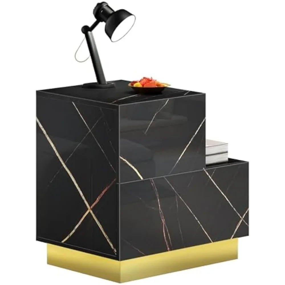 Nightstand with LED Lights, High Gloss Night Stands with 2 Drawers for Bedroom, Modern Bedside Tables for Open Storage Shelf