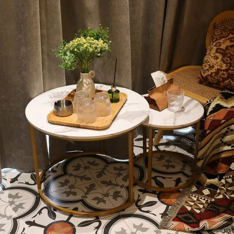 Coffee Table Nesting White Set of 2 Side Set Golden Frame Circular and Marble Pattern Wooden Tables, Living Room Bedroom