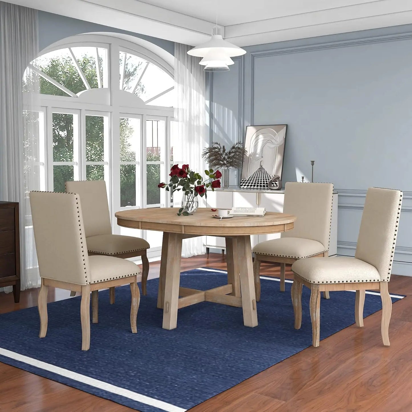 5-Piece Round Dining Table Set, Extendable Table with 4 Upholstered Chairs, Dining Room Table Sets, Kitchen Tables sets