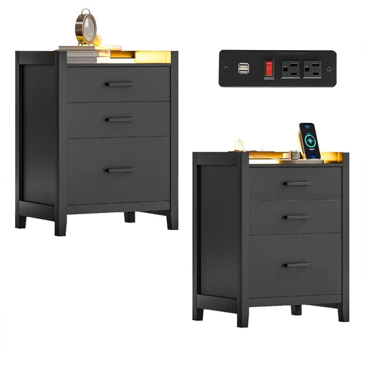 Nightstands Set of 2, LED Nightstand with Charging Station, End Side Table with 3 Drawers, Modern Night Stand Bedside Table