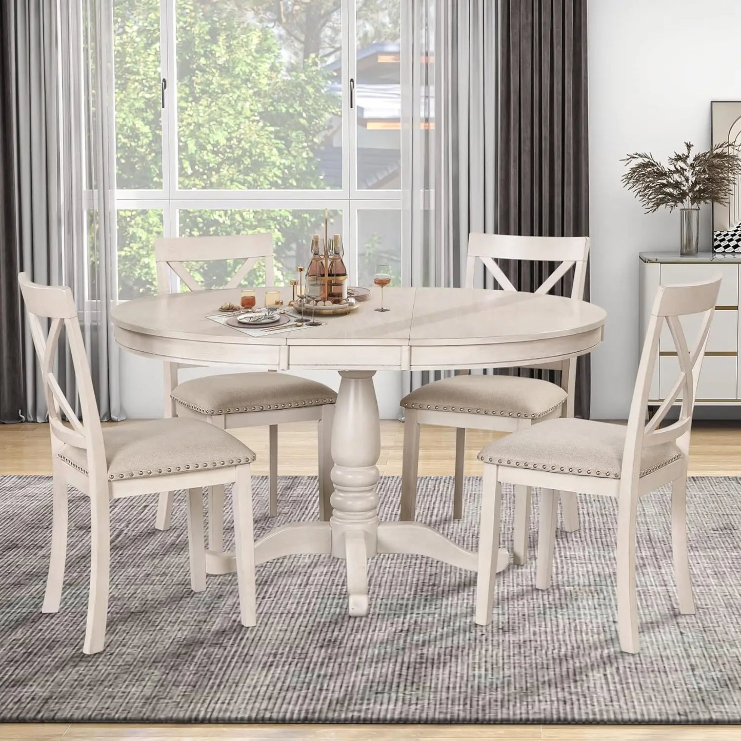 5-Piece Round Dining Table Set, Extendable Table with 4 Upholstered Chairs, Dining Room Table Sets, Kitchen Tables sets