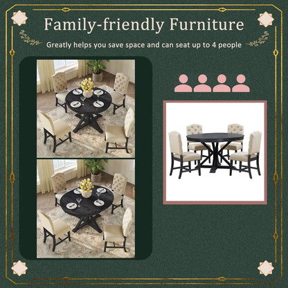 5-Piece Round Dining Table Set, Extendable Table with 4 Upholstered Chairs, Dining Room Table Sets, Kitchen Tables sets