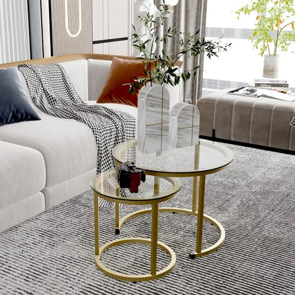 Coffee Table Nesting White Set of 2 Side Set Golden Frame Circular and Marble Pattern Wooden Tables, Living Room Bedroom