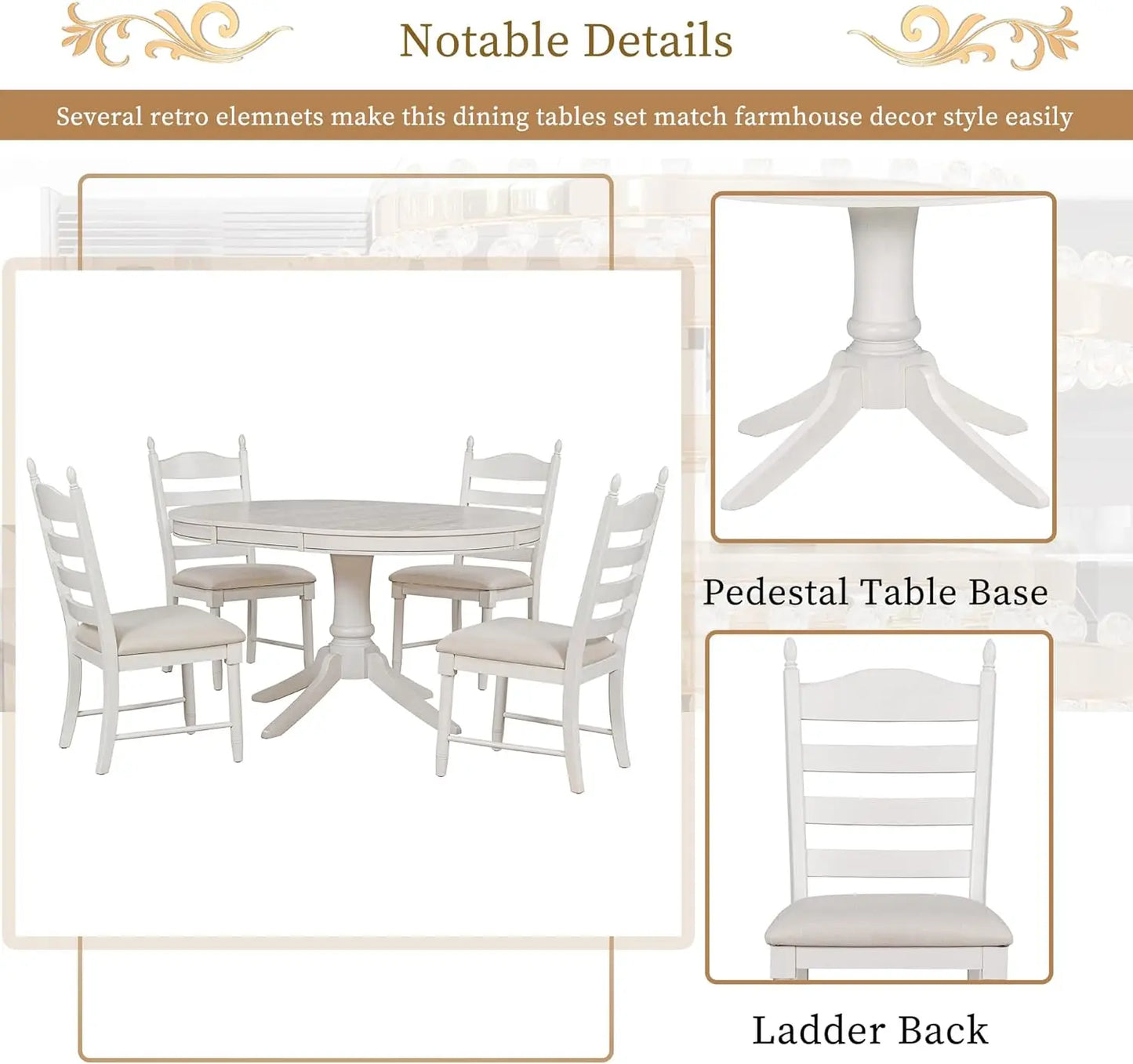 5-Piece Round Dining Table Set, Extendable Table with 4 Upholstered Chairs, Dining Room Table Sets, Kitchen Tables sets