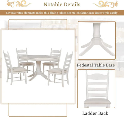 5-Piece Round Dining Table Set, Extendable Table with 4 Upholstered Chairs, Dining Room Table Sets, Kitchen Tables sets