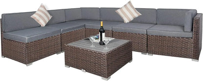 7 Piece Outdoor Patio Furniture Sets with Cushions,Patio PE Rattan Wicker Conversation Couch Sets with Slatted Table,Pillows