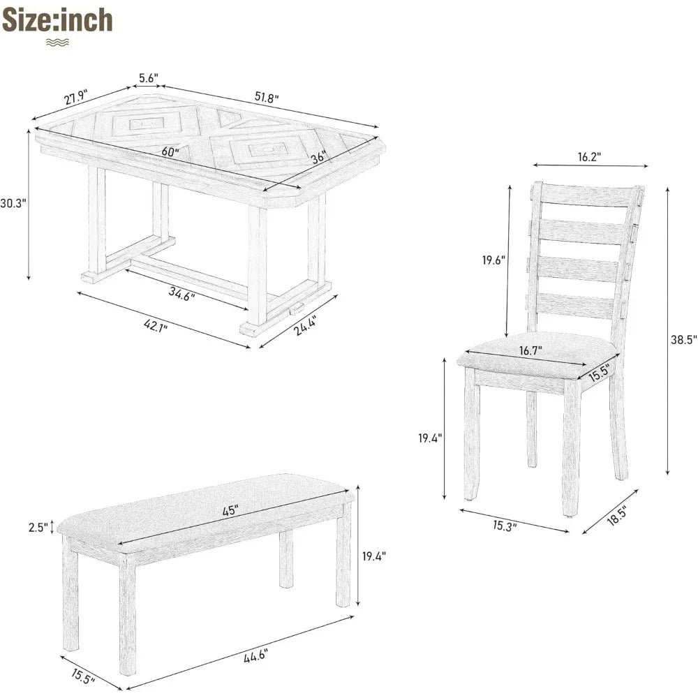 6-Piece Dining Table Set,with 4 Chairs and Bench,for Kitchen, Dining Room,dinning tables sets