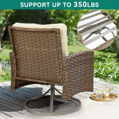 3-Piece Patio Wicker Swivel Chairs, Outdoor Small Furniture Rocking Coversation Chairs with Soft Cushions, Side Table for Garden