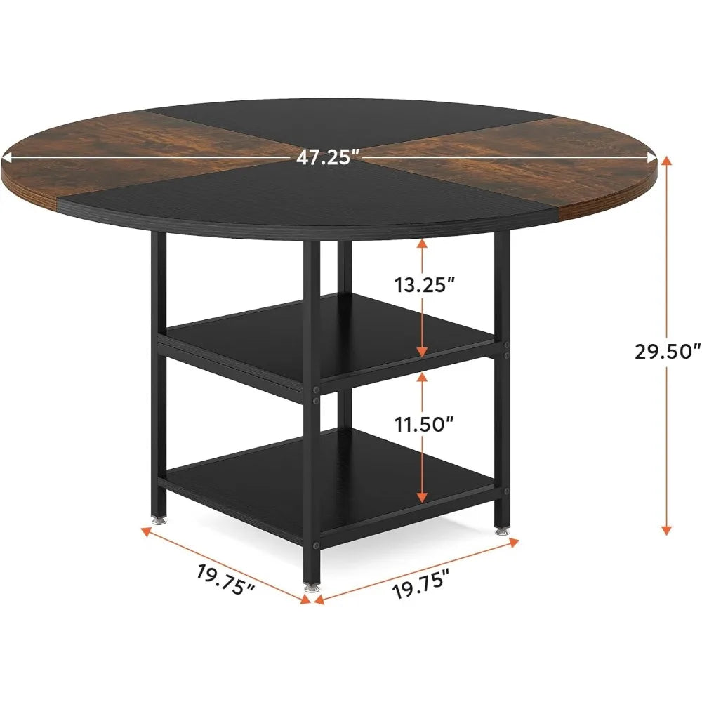 47 inch Round Dining Table for 4, Dinner Table with Storage Shelf Metal Legs for Home Dining Room Living Room(Only Table)