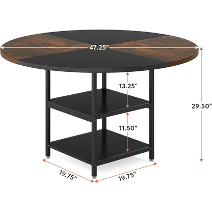 47 inch Round Dining Table for 4, Dinner Table with Storage Shelf Metal Legs for Home Dining Room Living Room(Only Table)