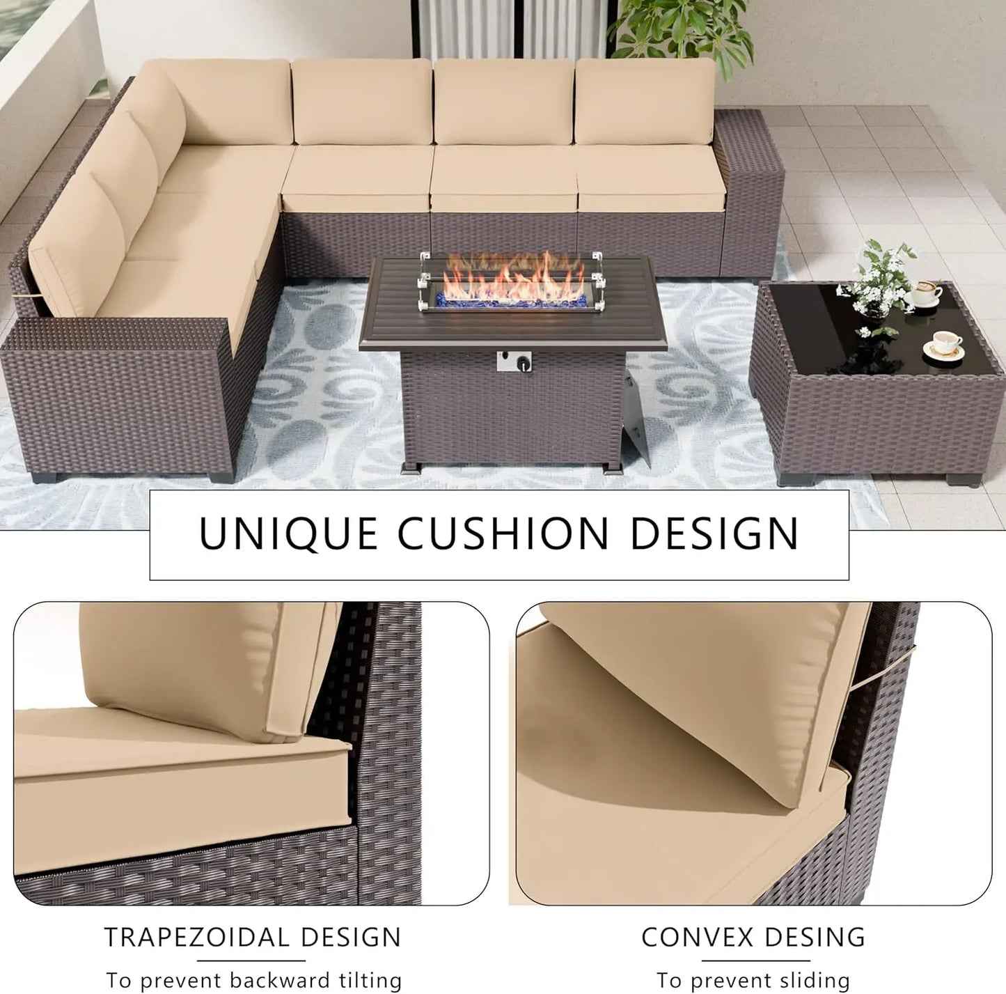 Patio Furniture Set Sofa 7-pcs Wicker Sectional Sofa Set ,Outdoor Furniture Sets Rattan with Tempered Glass Coffee Table