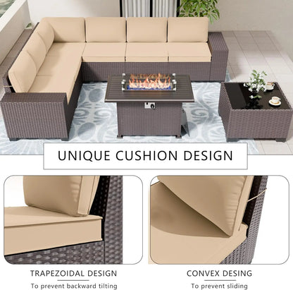 Patio Furniture Set Sofa 7-pcs Wicker Sectional Sofa Set ,Outdoor Furniture Sets Rattan with Tempered Glass Coffee Table