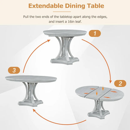 5-Piece Round Dining Table Set, Extendable Table with 4 Upholstered Chairs, Dining Room Table Sets, Kitchen Tables sets