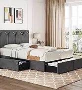 Queen Frame Upholstered Platform Bed With Fabric Headboard, Wing Edge Design/Non-Slip And Noise-Free/Wooden Slats