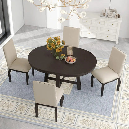 5-Piece Round Dining Table Set, Extendable Table with 4 Upholstered Chairs, Dining Room Table Sets, Kitchen Tables sets