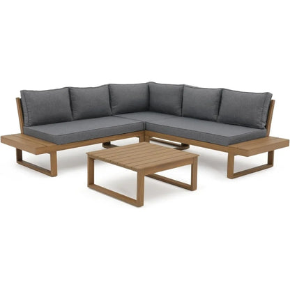 4 Piece Acacia Wood Patio Furniture Set, L-Shaped Outdoor Sectional Sofa with Coffee Table, Built-in Side Table, Cushions