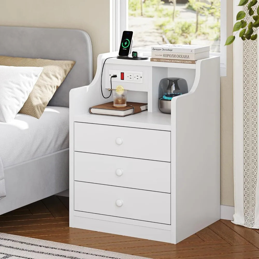 Nightstand with Charging Station,Black Night Stand for Bedroom,End Table with Hutch & Storage Drawers