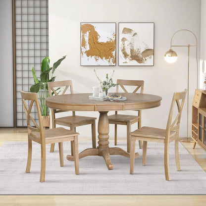 5-Piece Round Dining Table Set, Extendable Table with 4 Upholstered Chairs, Dining Room Table Sets, Kitchen Tables sets