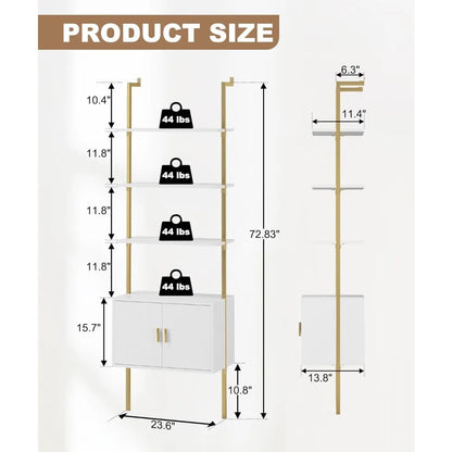 Ladder Bookshef with Cabinet, Wall Mounted Bookcases, 5 Tier Tall Open Display Rack, 73" Metal Industrial Bookshelf