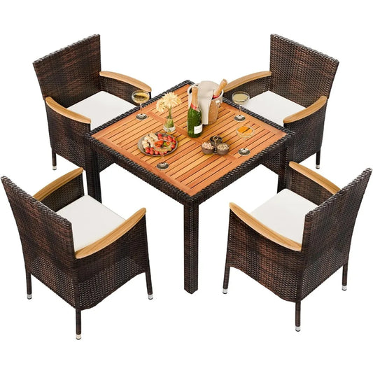 5 Piece Patio Dining Set, Wicker Patio Conversation Set with Wood Table Top, Outdoor Table and Chairs with Soft Cushions