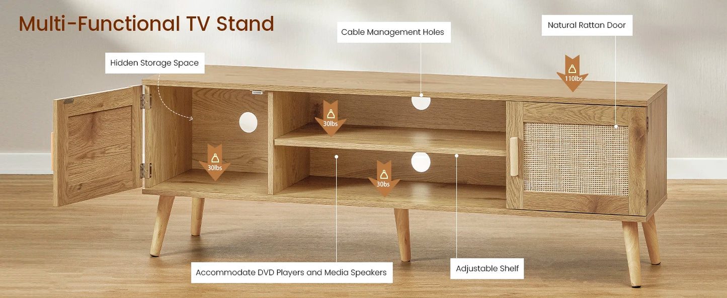 TV Stand for 70 inch ,Large Console,Entertainment Center with Adjustable Shelf and 2 Cabinets,Mid Century Modern TV Stands