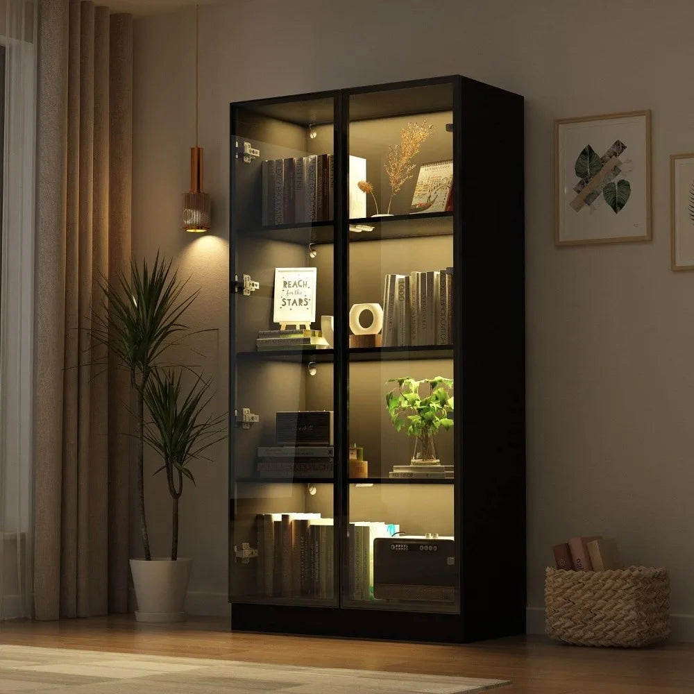 Display Cabinet with Glass Doors and Lights, 4-Tier Storage Shelves, Pop-up Design,  Display Case Cabinet Black