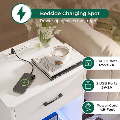 Nightstands Set of 2, Night Stands with Charging Station & LED Light Strips, Bedside Tables with Drawer, Side Tables Bedroom