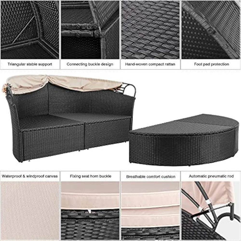 XMSJ Patio Furniture Outdoor Round Daybed with Retractable Canopy Wicker Rattan Separated Seating Sectional Sofa for Pati