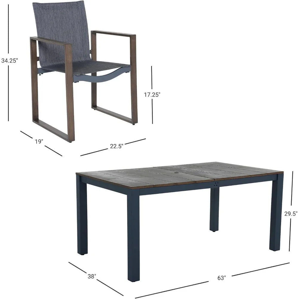 7 Piece Outdoor Dining Set with Faux Wood Grain Finish, Modern Alunimum Table and Chairs for 6 with Market Umbrella Hole