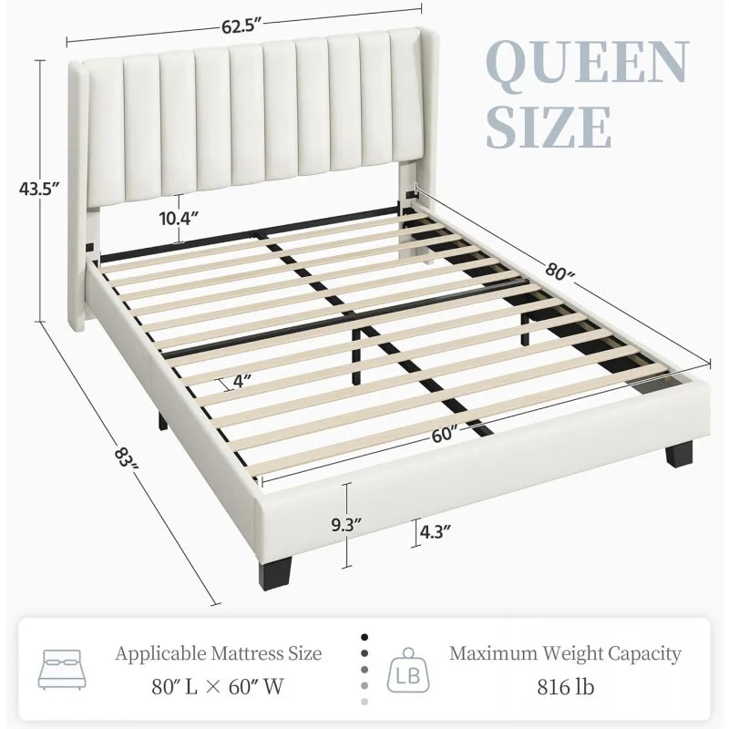 Queen Frame Upholstered Platform Bed With Fabric Headboard, Wing Edge Design/Non-Slip And Noise-Free/Wooden Slats