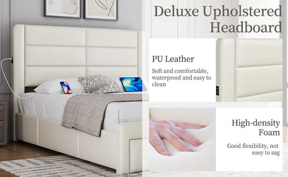 Queen Size Bed Frame with USB Charging Station/Port Storage Drawers,Leather Upholstered Platform Bed with Headboard