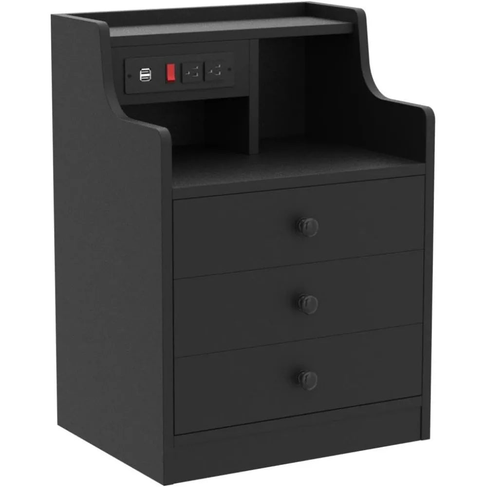 Nightstand with Charging Station,Black Night Stand for Bedroom,End Table with Hutch & Storage Drawers