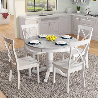 5-Piece Round Dining Table Set, Extendable Table with 4 Upholstered Chairs, Dining Room Table Sets, Kitchen Tables sets