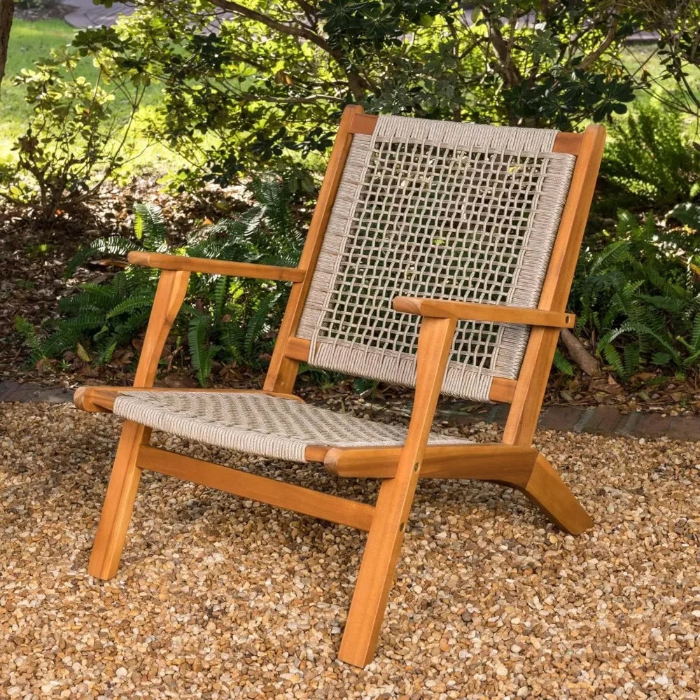 Natural Stain Outdoor Chair Acacia Wood Construction Hand Woven Seat Comfortable Reclining Armchair Patio Lawn Garden Backyard