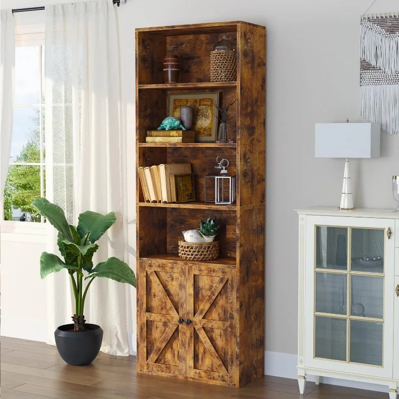 6 Tier Bookshelf and Bookcase, Wooden Bookshelves with Cabinet Doors, Floor Bookshelves and Office Storage Cabinets