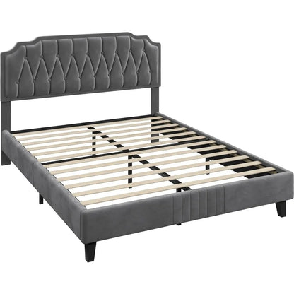 Queen Bed Frame Velvet Upholstered Platform Bed with Curved Headboard, Height-Adjustable Headboard/Noise-Free/Wooden